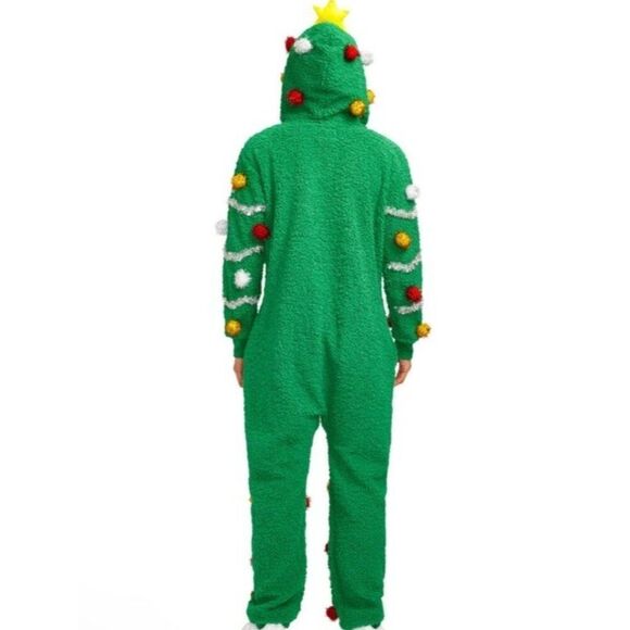 Tipsy Elvest Mens XL Oh Christmas Tree One Piece Hooded Fleece Full Zip Jumpsuit - Picture 2 of 5